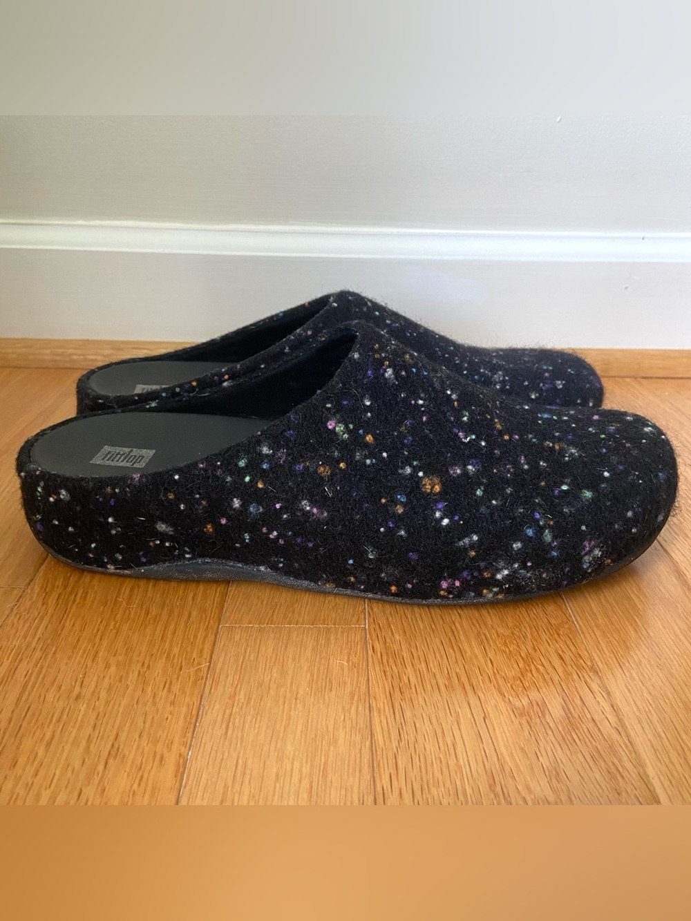 FitFlop Shuv Felt Clogs Women's 11 Speckled Black Comfort Slip On Mules Slippers